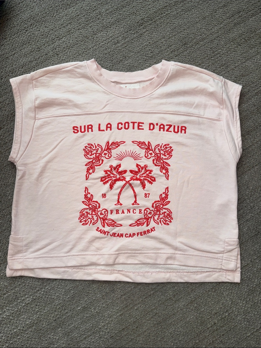 Anthropologie Embroidered Pink Graphic Tee Red Print Côte d'Azur - Picture 3 of 12